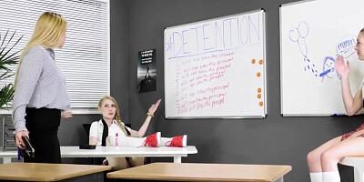 Three naughty secretaries are licking wet pussies in the office