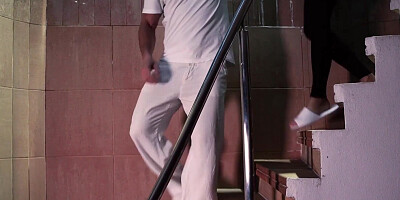 Sweet blonde babe gets fucked by her friend on the stairway