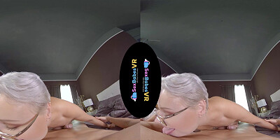 Cameraman squeezes busty blonde's tits while she rides his pecker