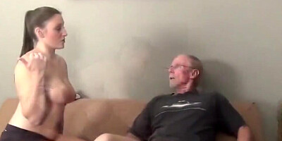 Old man is having his big cock sucked and fucked by a busty teen girl
