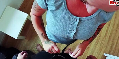Chubby inked MILF is groped and fucked in this POV-style video