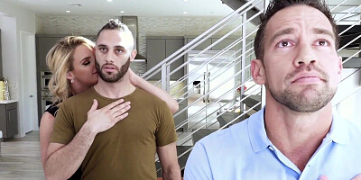 Lovely blonde gets fucked in the kitchen by two horny dudes