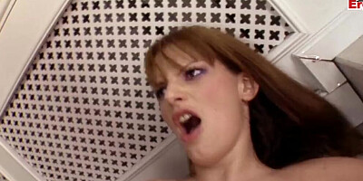 Gorgeous brunette wraps her juicy cherry around lucky fellow's prick