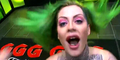 Inked cougar Phoenix Madina handles four hard cocks at once