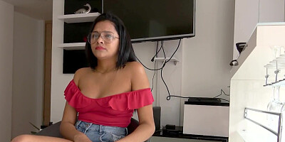Latina teen with glasses is willing to put that sausage in her mouth