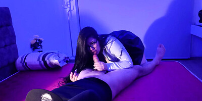 My stepsister fucks me hard in her room and I cum on her buttocks