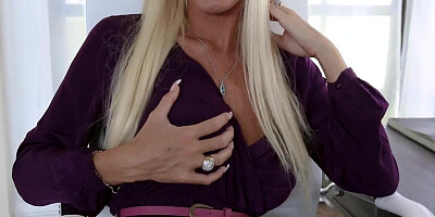 Posh blonde cougar strips and plays with her twat
