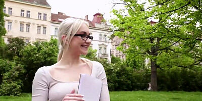 Nerdy blonde gives amazing blowjob to horny teacher