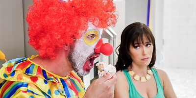 Slim MILF jizzed on face after trying clown's dick the hard way