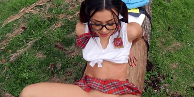 Lovely schoolgirl is having hardcore sex on the picnic