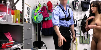 Brunette bombshell is stripped naked and fucked by an officer