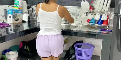 My stepmom fucks my small pussy in the kitchen while she washes the slab