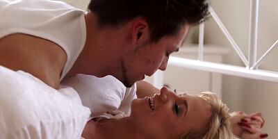 Astonishing blonde Nathaly is fingered and fucked by a muscled stallion