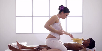 Massage Rooms Sofia Lee rubs big natural tits on black UK babe Asia Rae