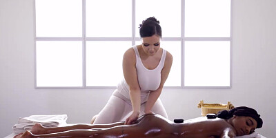 Massage Rooms Sofia Lee rubs big natural tits on black UK babe Asia Rae