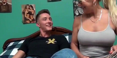 Mature woman sucks stepson's cock and gets fucked from behind