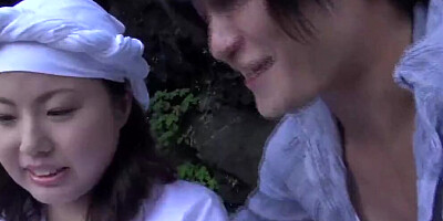 Japanese cutie Rin Aoki sucks a dick and gets fucked outside