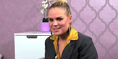 Female agent blows that shy guy and rides his cock