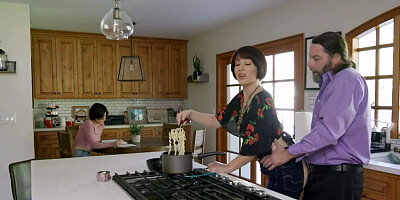Stepdad casually fucks everyone in the kitchen!