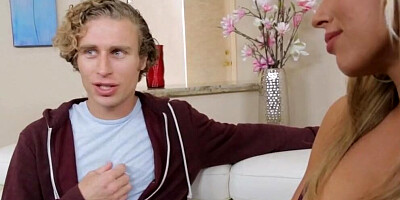 Blonde MILF Olivia Austin teases son's friend with her big boobs