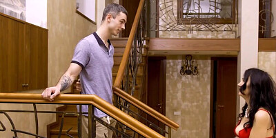 Horny brunette MILF is being dicked down on the stairs