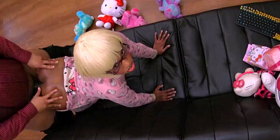 Ebony girl is fucked by stepdad through a hole on her pajamas