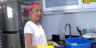 Blonde woman is taking care of housekeeping and client's giant erection