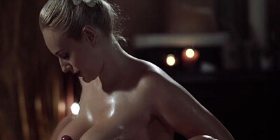 Curvy oiled-up masseuse rides horny client's rock-hard cock