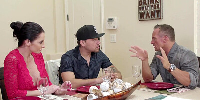 Busty masseuse Silvia Saige rides a cock while guy gives her assplay