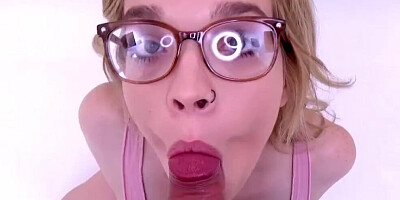 Sexy blonde with glasses gives amazing blowjob!