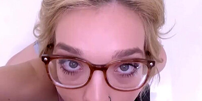 Sexy blonde with glasses gives amazing blowjob!