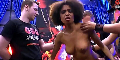 Ebony hussy Luna Corazon wants her mouth packed with jizz after interracial gangbang