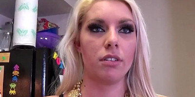 Blonde cougar sucks a thick cock and gets fucked in the kitchen