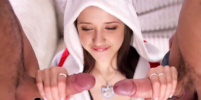 After sucking off two thick rods, the teen girl got double penetrated by them