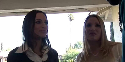 Two horny girls playing with the big black dick of their neighbor