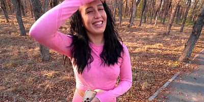 Naughty amateur babe is sucking stranger's cock inside the forest