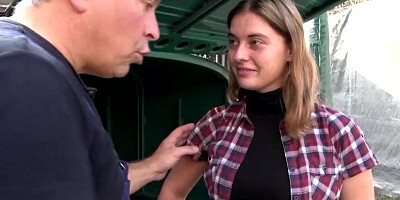 Chubby girl and kinky man are havign sex in the yard