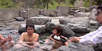 Naughty Asian girls and guys are having outdoor sex on hot springs