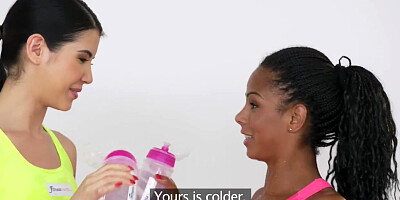 Fitness Rooms Soaking Lesbian Pussy gets Fucked