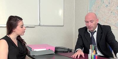 Pretty French belle analyzed at the office by bald boss