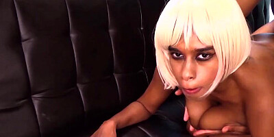 Blue-haired ebony girl is getting fucked in the car