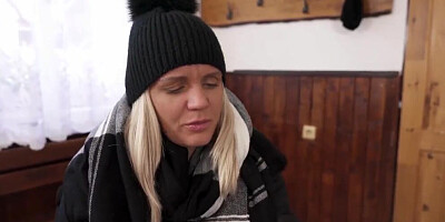 Busty blonde babe is getting fucked hard inside the winter cabin