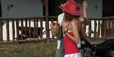 Horny brunette chick gets her both holes fucked outdoors