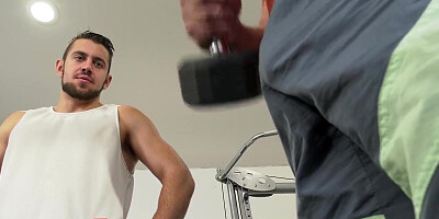 Two bisexual guys are fucking while sharing a girl in the gym