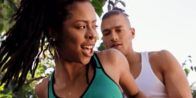 Spicy ebony Kira Noir is fucked by white guy in the yard