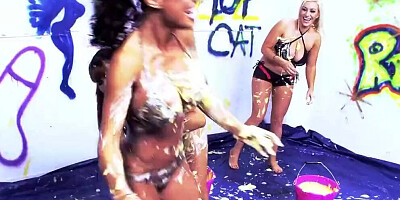 Massive boobs lesbians pour egg yolk all over themselves for a slippery and sexy pussy rub