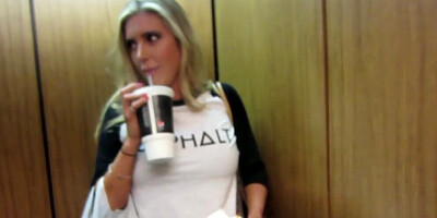 Alluring blonde lady Samantha Saint is followed by a camera while working out and being naked