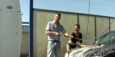 Depraved cougar is having sex with a stranger at a car wash