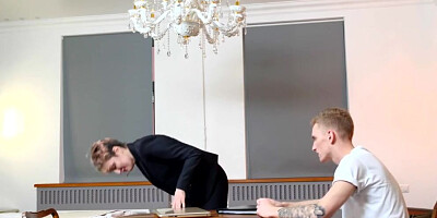 TUTOR4K. Lesson with new literature tutor ends for smart fellow with sex