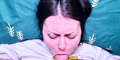 POV: Woke brunette stepdaughter up with blowjob, my big cock in her bubble ass and creampie at morning